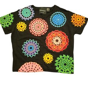 MICHAEL SIMON‎ M Black Crochet Applique Cardigan Artsy Y2K Maximalist Statement